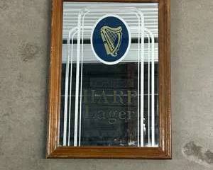 Guinness Imported Harp Lager Advertising Mirror Wood Frame Bar Pub Sign