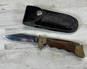 Fixed Blade Hunting Knife w/ Brass Guard Wood Handle & Leather Sheath