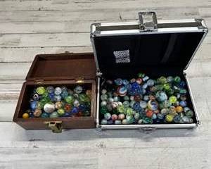 Large Vintage Glass Marble Lot w/ Wood Box & Aluminum Case Assorted Colors