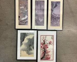 Set of 5 Framed Asian Style Art Prints – Birds, Landscape & Floral