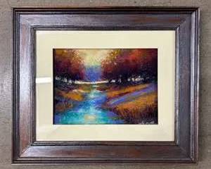 Signed Impressionist Landscape Pastel Painting Stream Autumn Trees Framed