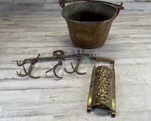 Antique Copper Kettle Pot with Primitive Meat Hooks & Brass Grater