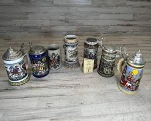 Collection of 7 German Beer Steins w/ Pewter Lids – Marzi & Remy, Olympic, Vienna Austria