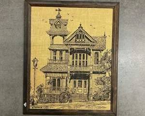 Vintage Victorian House Burlap Textile Wall Art Print in Wood Frame Americana Decor
