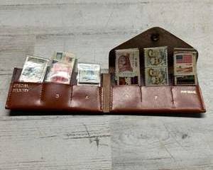 Vintage Leather Postage Stamp Holder w/ Assorted US Stamps