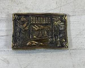 Vintage Colorado Brass Belt Buckle Bergamot Brass Works Dix Leather Co Denver Rocky Mountain Scene