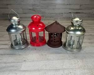 Lot of 4 Decorative Metal & Glass Candle Lanterns Red Silver Rustic Cutout
