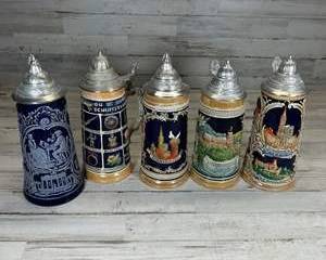 Lot of 5 Vintage German Beer Steins w/ Pewter Lids – Heidelberg, Strasbourg, Brandenburg Gate