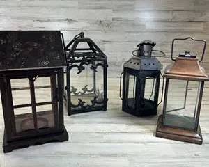 Group of 4 Decorative Metal & Glass Candle Lanterns Rustic Outdoor Decor