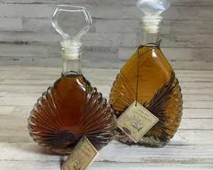 Pair Italian Condiments Glass Decanter Bottles Ribbed w Stopper
