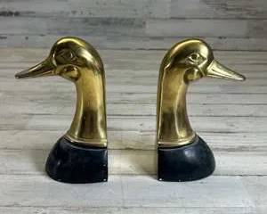 Vintage Brass Duck Head Bookends – Korea – Mid Century Desk Decor Pair