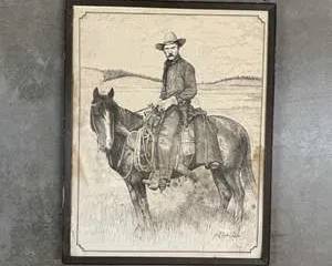 Vintage Cowboy on Horseback Western Print Framed Wall Art Ranch Decor