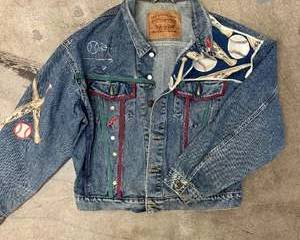 Levi Strauss Denim Trucker Jacket Custom Baseball Tapestry Back Patch Large