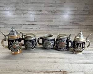 Vintage German Beer Stein Lot Pewter Lid Ceramic Stoneware Lidded Beer Mugs Germany