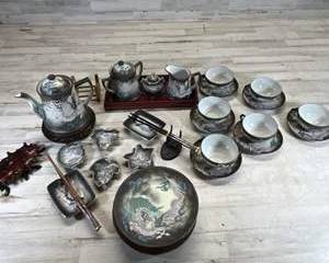 Vintage Moriage Dragonware Japanese Tea Set Dragon Motif Cups Teapot Plate