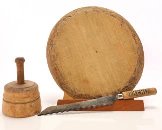 Primitive Wooden Bread Plate, Knife, Butter Press