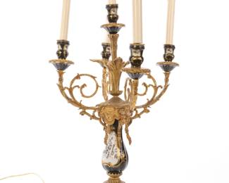 FRENCH EMPIRE GILT & PORCELAIN LIGHTED CANDELABRA