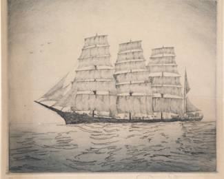 Antique Sailing Ship aquatint etching