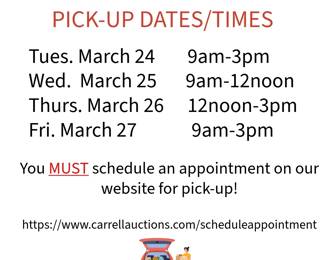 Pick-up Times and Dates- Shipping is Available on most lots