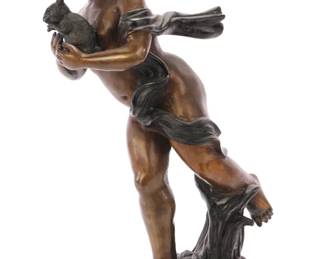BOY WITH RABBIT BRONZE SCULPTURE- AFTER AUGUSTE MOREAU