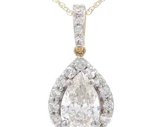 2 Carat Pear Diamond Pavé Halo Pendant Necklace in 14k Yellow Gold