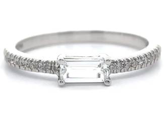 Baguette Natural White Topaz & Pavé Natural Diamond Stacking Ring in 14k White Gold
