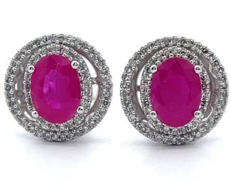 0.30 Carat Natural Diamond & Natural Ruby Double Halo Stud Earrings in 14k Gold