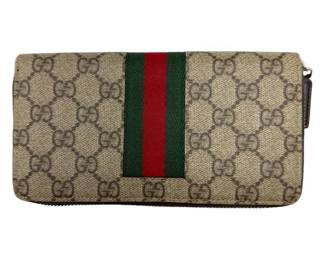 Gucci GG Supreme Canvas Zip Around Wallet w/ Web Stripe
