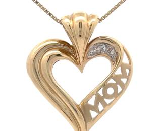 Natural Diamond MOM Open Heart Pendant in Yellow Gold