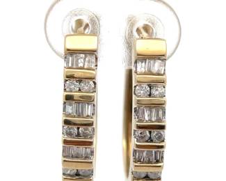 Diamond Baguette Channel Bar Oblong Hoop Earrings in Yellow Gold