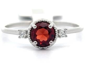 0.62 Carat Red Garnet & Natural Diamond Three-Stone Bezel Ring in 14k White Gold