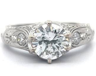 Vintage Estate 1.25 Carat Natural Diamond Engraved Ring in 14k White Gold