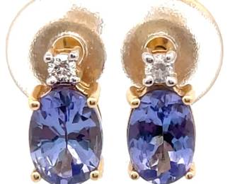 Natural Tanzanite & Natural Diamond Two-Stone Stud Earrings in 14k Yellow Gold