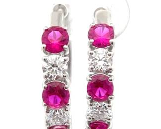 0.51 Carat Ruby & Diamond Small Hoop Earrings in 14k White Gold