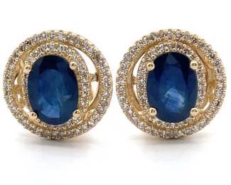 0.30 Carat Natural Blue Sapphire & Natural Diamond Double Halo Stud Earrings in 14k Gold