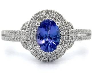 0.33 Carat Pavé Natural Diamond & Tanzanite Double Halo Ring in 14k White Gold