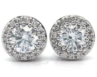 1 Carat Round Diamond Halo Stud Earrings in 14k White Gold