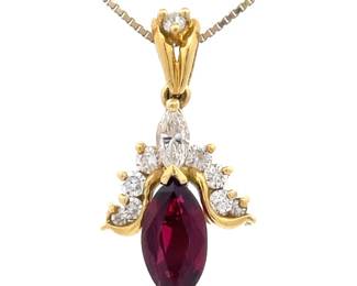 1.23 Carat Ruby & Natural Diamond Ribbon Cluster Pendant in 18k Yellow Gold