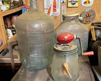 EARLY GLASS CHURN AND JARS