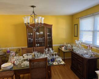 Dining room furniture, bar cart, crystal, barware