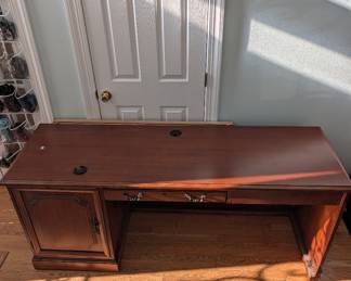 R46 - $150. Hooker Furniture L Shaped Office Desk from Furnitureland South. Right inside the door for easy loading. HEAVY! Bring help to load. Shows some light wear but sturdy!