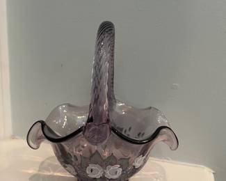 R80 - $75 PAIR. Fenton Hand painted & Signed Amethyst Swirl Vase 9.5" tall. Basket 7" tall.