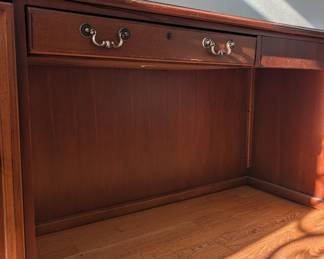 R46 - $150. Hooker Furniture L Shaped Office Desk from Furnitureland South. Right inside the door for easy loading. HEAVY! Bring help to load. Shows some light wear but sturdy!