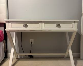 R7 - $30. White Desk. Measures 44" wide x 20.5" x 31.25". Sturdy but shows a lot of wear. 2 drawers - both roll easily.