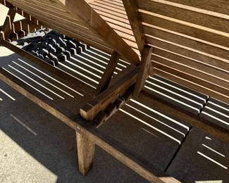 R57 - $450. Teak Double Chaise. Measures 61" wide x 80" long. Has been stored covered but there is a little dirt around the feet. Each side adjusts separately! Cushions are still useable.