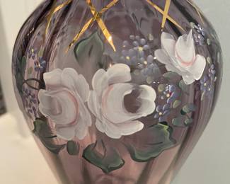 R80 - $75 PAIR. Fenton Hand painted & Signed Amethyst Swirl Vase 9.5" tall. Basket 7" tall.