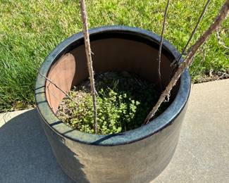 R63 - $80 PAIR of LARGE Dark Blue Glazed Ceramic Planters. Measures 19" wide x 18" tall. No issues noted! PLEASE BE PREPARED TO MOVE (dolly / 2 people). You can not dump the dirt - and they are HEAVY.