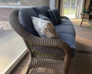 R11 - $125. Patio Couch/ Plastic Rattan material. Measures 74" x 31" deep x 36" tall. (Needs new cushions but the frame is in very good condition!)