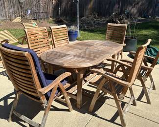 R58 - $1250. Teak Patio Table with *10* adjustable chairs. Table has 2 butterfly leaves stored inside. Needs a little muscle to pull apart. 4 chairs have been stored inside and look brand new. The 6 that were outside have been covered but the bottom of the feet are dirty and weathered (just need cleaned up!) All sturdy. Table is 39" wide x 73" long. Chairs are 24" wide.
