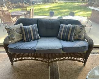 R11 - $125. Patio Couch/ Plastic Rattan material. Measures 74" x 31" deep x 36" tall. (Needs new cushions but the frame is in very good condition!)